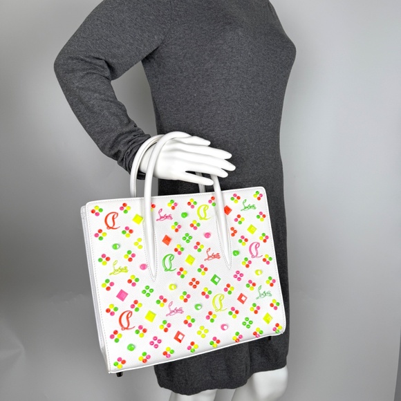 Sold Christian Louboutin Paloma Medium Spike Loubinthesky White Neon Tote Bag - Picture 2 of 11